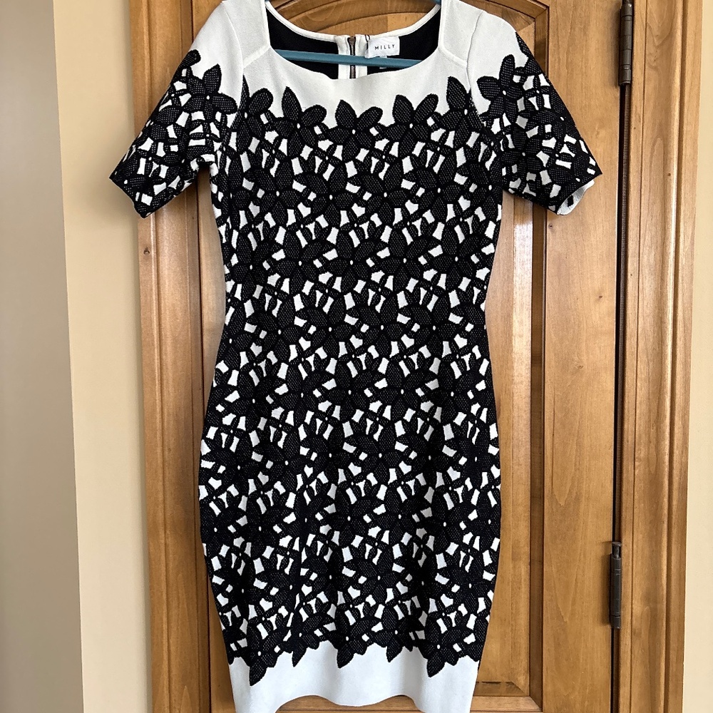 MILLY KNIT DRESS Black/White daisy appliqué